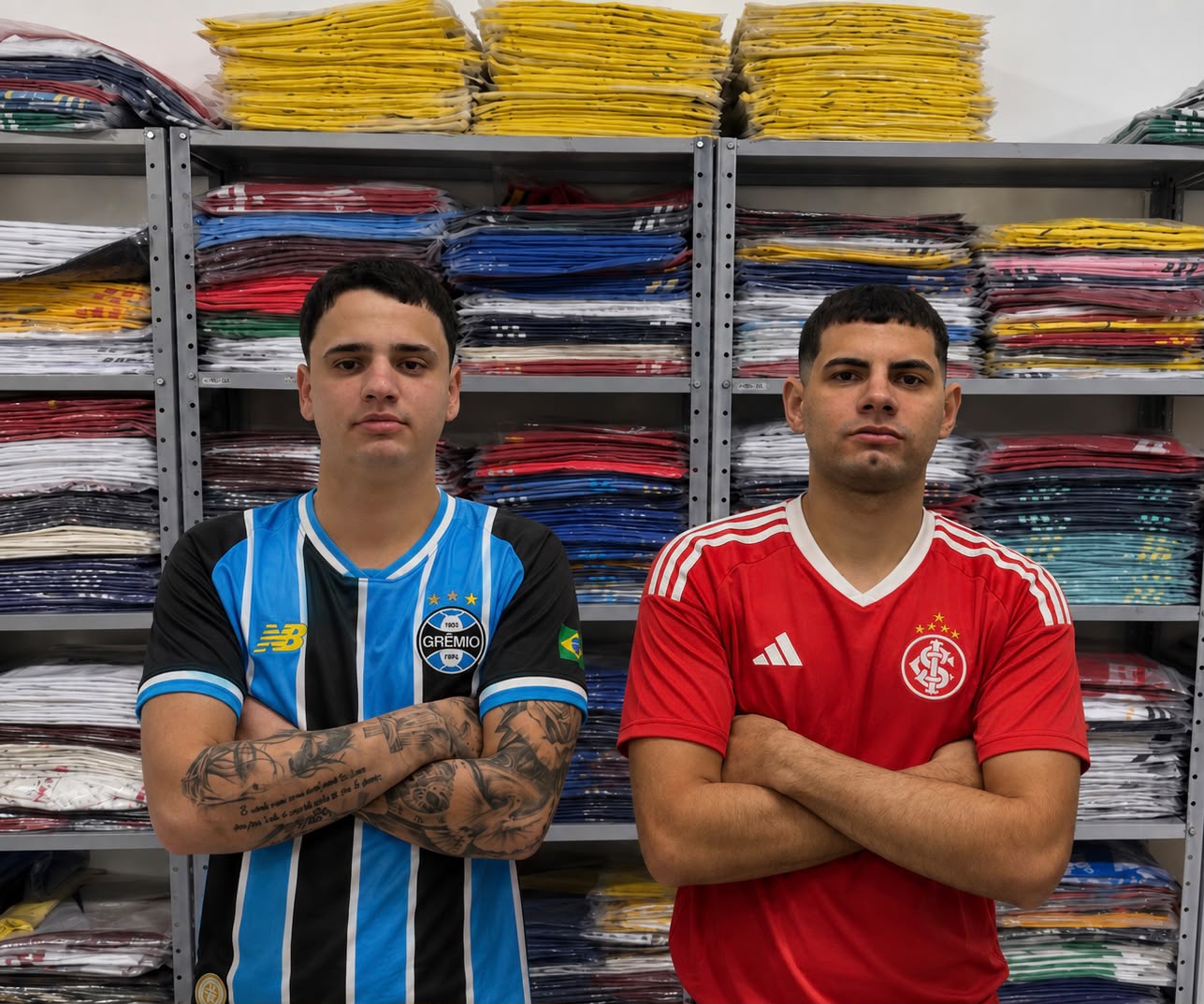 Equipe do Vestiário dos Mantos no estoque de camisas de futebol