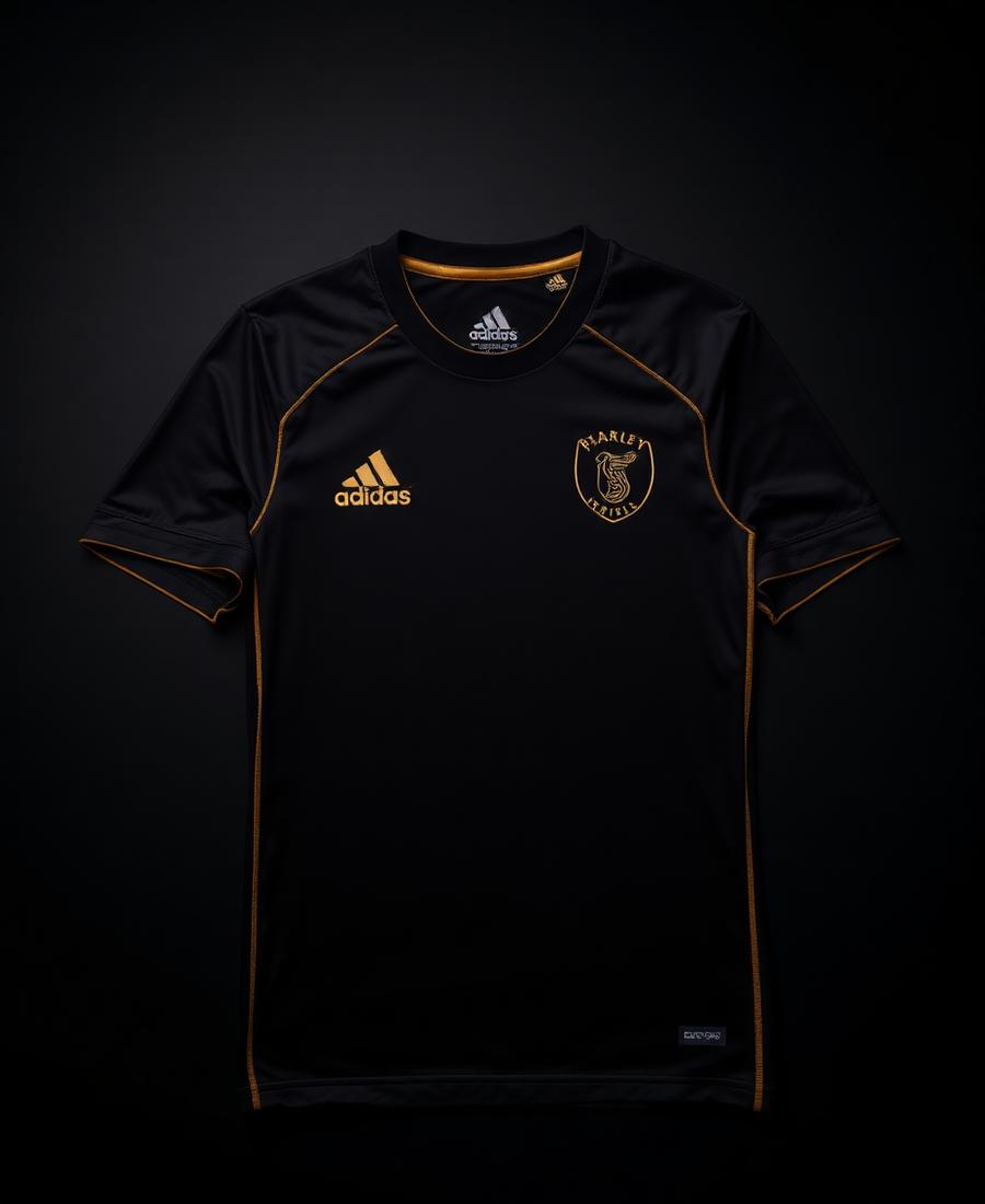 Camisa preta com detalhes dourados do Vestiário dos Mantos